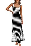 MEROKEETY Women's 2025 Sleeveless Summer Tank Dress Striped Bodycon Maxi Dress Square Neck Ribbed Knitted Sundress Black S