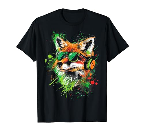 grüner Fuchs Fox DJ mit Kopfhörer und Sonnenbrille T-Shirt, Herren, Schwarz, XL