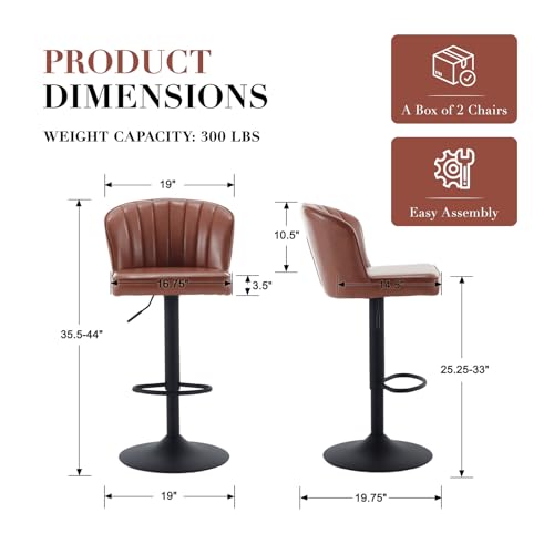 Image of EALSON Swivel Counter Height Bar Stools Set of 2 Modern Adjustable Bar Chairs with Back Leather Upholstered Barstools with Metal Base Comfortable Island Chairs for Kitchen Counter /Pub, Brown