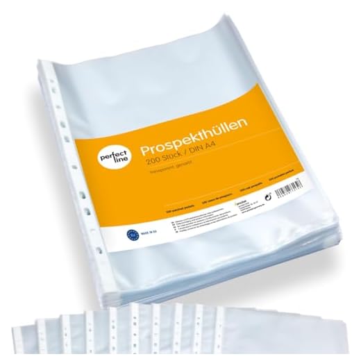 perfect line 200 A4 plastfickor, A4, genomskinligt, färglöst material, matt och strukturerat, transparenta fickor som skyddar papper, handlingar och dokument, genomskinliga plastfickor för pärmar