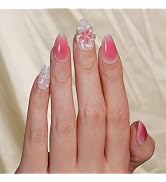 Cute Press on Nails Short Almond Gradient Fake Nails False Nails with Designs 3D Ombre & Pink Flo...