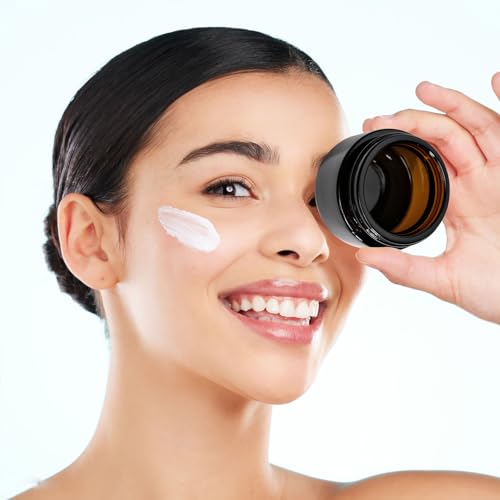 64 Pcs 1oz Glass Jars with Lids, Small Cosmetic Containers Bulk Amber Tins Glass with Inner Liners, Facial Mask Spoons, and Labels for Travel Lotions, Creams, and Candles (Black Lid)