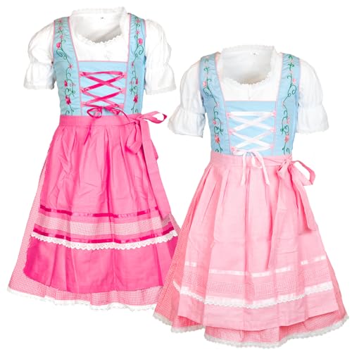 Vestido tirolés infantil de 3 piezas rosa y azul claro para niñas