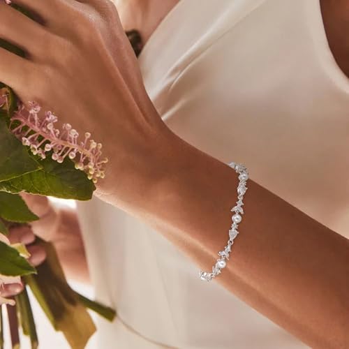 EVER FAITH Gorgeous Cubic Zirconia Wedding Link Bracelet for Bride Bridesmaids, Simulated Pearl Clear Marquise Teardrop Crystal Bridal Jewelry for Women Prom3