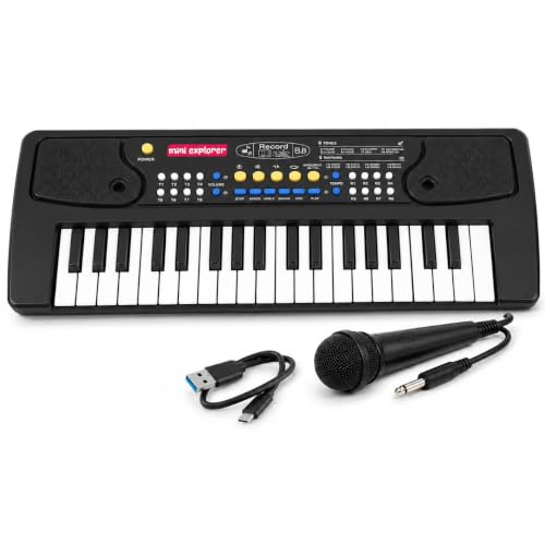 Image of MiniExplorer Kids Piano Keyboard with Mic | 37 Keys, 8 Rhythms, 8 Tones & 6 Demo Songs | Electronic Musical Toy for Boys & Girls Age 2-5 | Educational & Recording Keyboard for Beginners