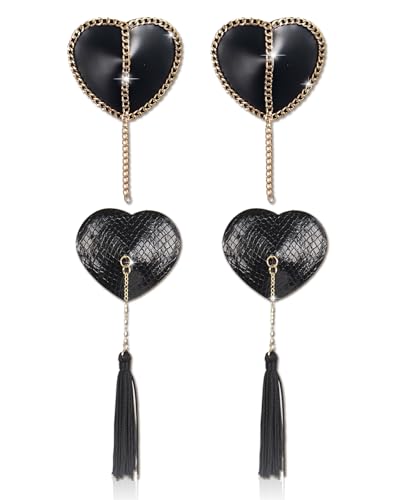 CICKEE Heart Nipple Covers with Tassels - Reusable Non Woven Leather Pasties for Women Lingerie Accessories - 2 Pairs (Gold & Long Tassels)