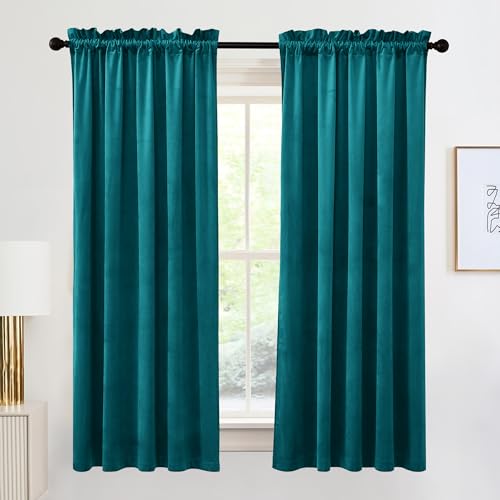 Image of RYB HOME 72 inches Velvet Curtains for Nursery, Rod Pocket Thermal Insulated Soft Silky Touch Window Treatment for Study Room Dorm, W 52 x L 84 inches, Peacock Blue, 2 Panels Set | Thermal Insulated, Soft Silky Touch, Window Treatment, for Dining Room & Office, Peacock Blue, W52 x L84, 2 Panels