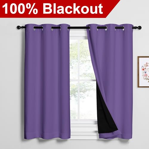Image of NICETOWN Lilac Purple 100% Blackout Curtains 2 Panels with Black Liners, Thermal Insulated Full Blackout 2-Layer Lined Drapes, Noise Cancellation Window Draperies for Dining Room (42 inch W by 54 inch L)