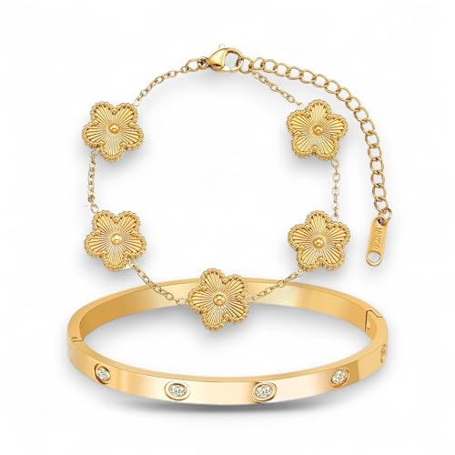 18K Gold Plated Clover Bracelet and Bangle Set for Women | Lucky Bracelet Flower Link Adjustable Chain & Crystal Cuff | Jewelry Gift Set For Woman