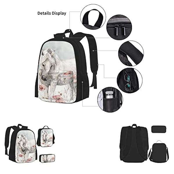 OGNOT Kat Printing School Rugzak Tieners Meisjes Jongens Schooltassen Boekentas Met Lunch Tas Potlood Pouch, Reizen Dagrugzak Sets, Wit paard omringd door bloemen, One Size