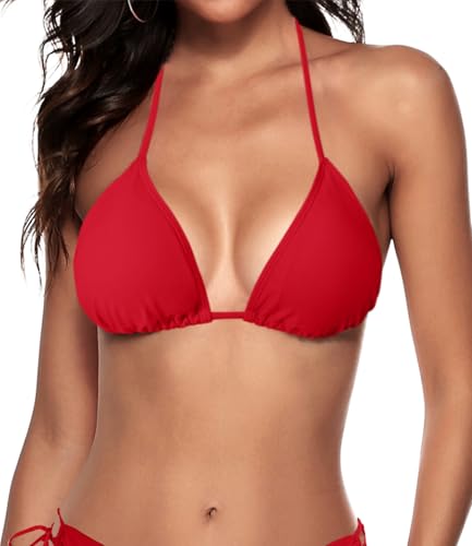 Womens Triangle Bikini Top String Push up Padded Halter Bathing Suit Top Red S