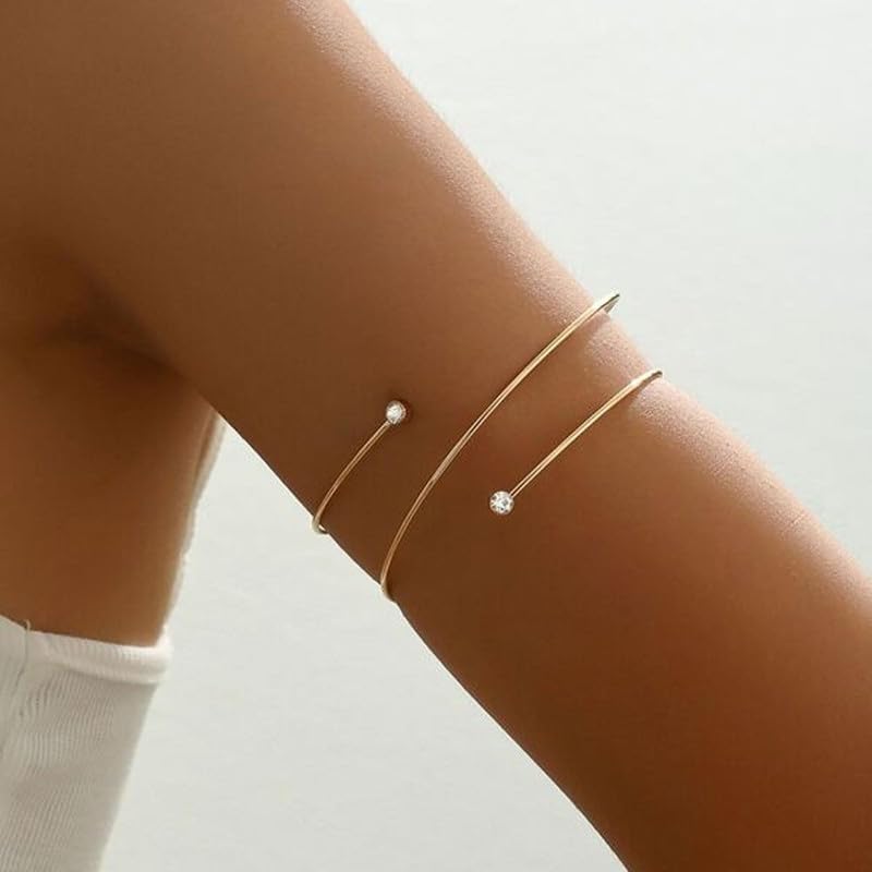 Gold Rhinestone Arm Cuff Bracelet Adjustable Upper Arm Layered Bangle Jewelry Gift Women Boho Summer Beach Accessories