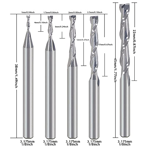 HOZLY CNC Router Bits Set 1/8" Shank, Two Flutes Upcut Spiral (CED: 1mm 1.5mm 2.0mm 2.5mm 3.175mm), Carbide End Mill for PVC Wood Carving Engraving MDF Cutting, 10 PCS - Image 2