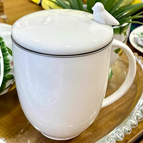 WOLFF - Caneca de Porcelana com Infusor e Tampa Birds Branco 350m...