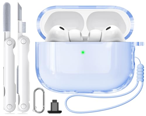 Inesore for AirPods Pro3 ケース クリア (2025) シリカゲルロープ & カラビナ & クリーニングペン付き、TPU素材/全面保護/耐衝撃/強力な落下防止、エアーポッズプロ 第3世代対応保護カバー -スカイブルー