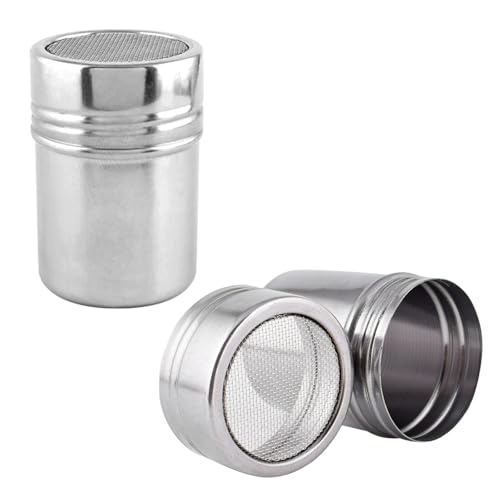 Flour Salt Shaker - ShiningUU Pack of 2 Stainless Steel Icing Sugar Shakers with Dust Cover | Chocolate Powder Shaker for Coffee Cappuccino, Spice Seasoning Shaker for Kitchen & Camping