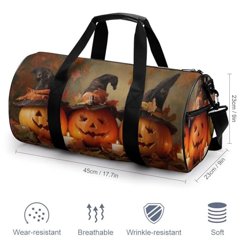 Pumpkins Witch Hats Candles Autumn Leaves Travel Gym Bag for Women Men Cylindrical Duffle Bag Sport Workout Bag with Shoulder Strap2