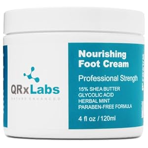 QRxLabs Shea Foot Cream 4 oz – Hydrating & Cooling Formula with 15% Shea Butter, Spearmint, Vitamin E, Glycolic Acid – Non-Greasy, Quick-Absorbing, Paraben-Free – Repair Dry, Cracked Feet
