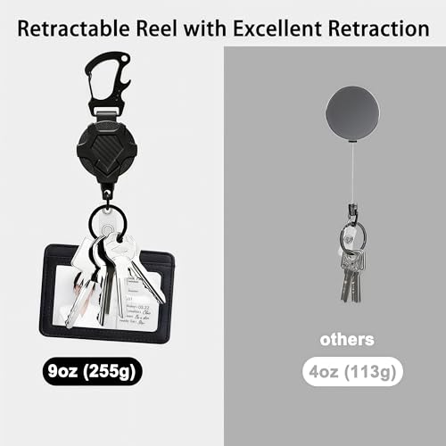 Image of Heavy Duty Retractable Keychain & Badge Reel | Tactical Carbon Fiber ID Card Holder with Bottle Opener Carabiner & 80cm Cord (Black)