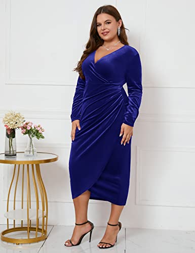 Image of ZOMVA Plus Size Velvet Wrap Dress Ruched Bodycon Dress Long Sleeves Ruffle Long Elegant Party Wedding Guest Cocktail Holiday