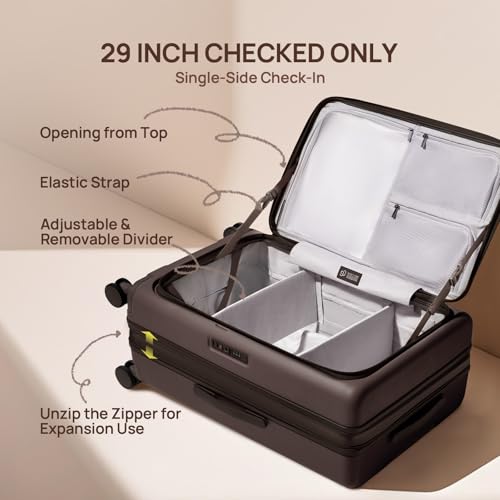 Image of NINETYGO Large Checked Luggage 29 Inch, Flat Top Opening Check In Luggage with Brake Wheels, Expandable, Coffee-Infused PC Hard Shell, Eco-Friendly, TSA Lock, 360 Spinner Wheels (Latte)
