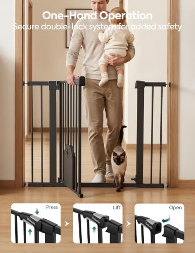Image of Babelio Auto Close Dog Gate with Cat Door, CatPrivilege I, 29-43 inch | Safety Gate for Doorway & Stairs, Easy Walk Thru with Pet Door, Includes 4 Wall Cups and 3 Extension Pieces, Black
