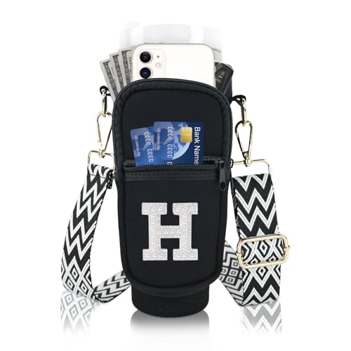 Initial A-Z Water Bottle Carrier Bag with Strap for Stanley 40 oz Tumbler, Personalized Water Bottle Holder Pouch with Pearl Letter Phone Pocket for Stanley Cup Accessories Custom Gift for Women Girls