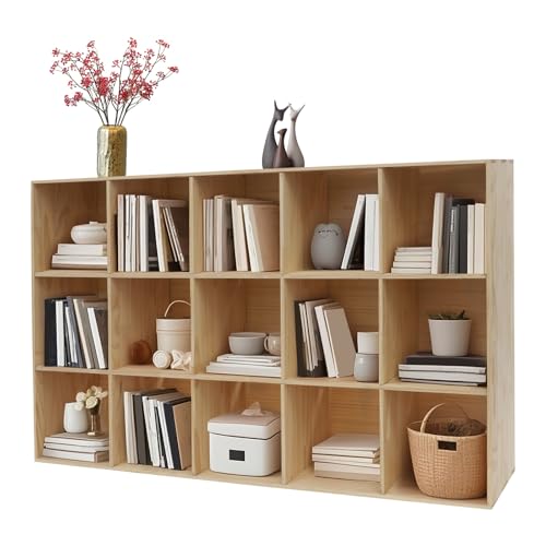 15-Cube Storage Shelf Bookcase, 3-Tier Solid Wood Floor Standing Open Bookshelf, Minimalist Display Storage Bookshelves for Living Room, Bedroom, 59’’W x 35’’H(Log Color) - Image 5