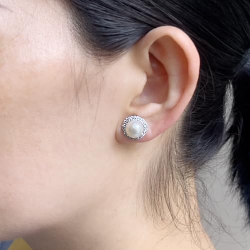 Real Pearl 925 Sterling Silver 9MM Cultured Freshwater Pearl Stud Earrings with Cubic Zirconia for Women, Handpicked Jewelry Gifts for Her2