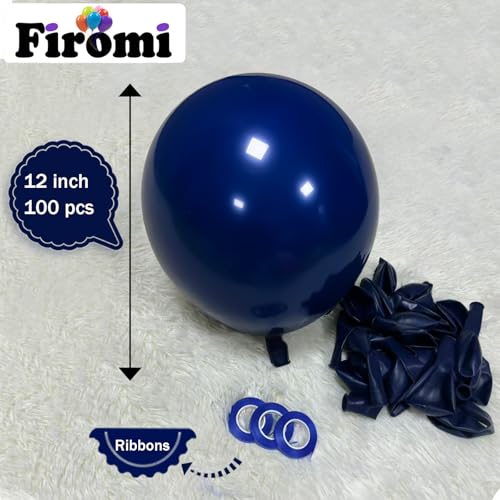 Image of Firomi Dark Navy Blue Balloons 12-inch 100 Pack (with 3 Ribbons) | Big Round Helium Thicken Latex Balloon for Wedding Birthday Graduation Party Backdrop Decorations