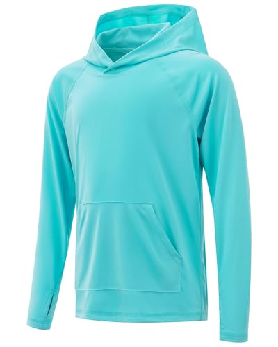 Poekuao Rash Guard for Boys Long Sleeve Hoodie Quick Dry Swim Shirt Youth UPF 50+ Sun Protection Fishing Shirts with Pocket Water Blue