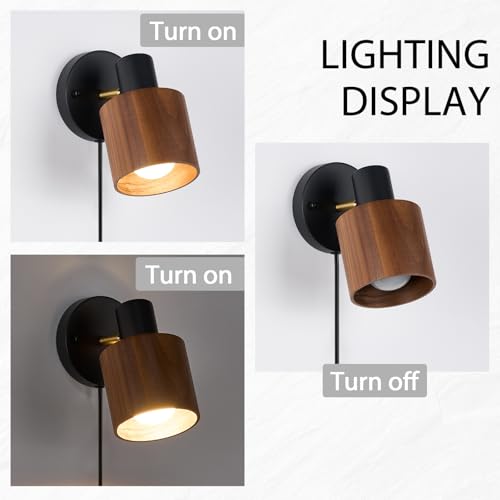 Image of Modern Black Plug-in Wall Lamp | Real Walnut Wood Shade, Adjustable Directional Lighting, Industrial Wall Sconce, For Bedroom, Living Room, Home Office