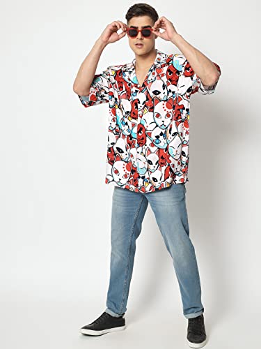 Image of ComicSense.xyz Unisex Anime Shirts for Men & Women, Kitsune Mask Printed Kimono Fit Hawaiian Shirts