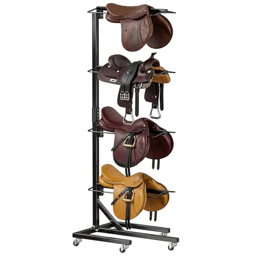 Noliven 4 Tier Saddle Rack for Horses with Wheels Heavy Duty Rotatable Saddle Stand for English and Western Saddles Horse Tack Storage for Horse Stall Stable Tack Room Quick Assembly & Disassembly