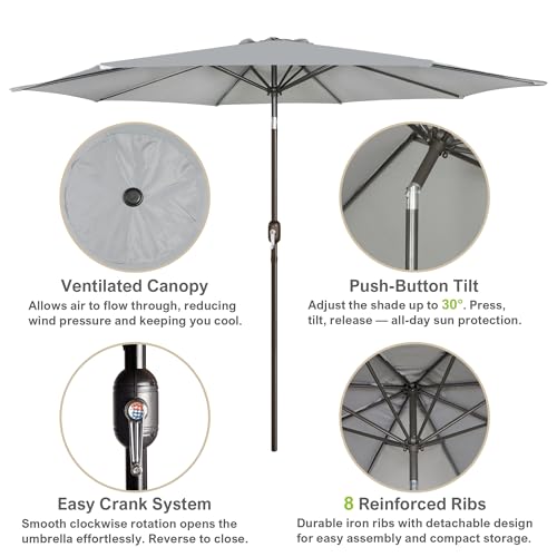 Image of Blissun 10FT Patio Umbrella, Outdoor Table Umbrella, Yard Umbrella, Market Umbrella with 8 Sturdy Ribs, Push Button Tilt and Crank, Grey