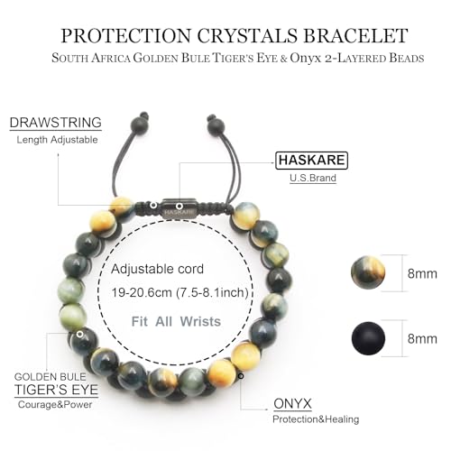 Premium Tiger Eye Bracelet Gifts for Men, HASKARE Energy Protection Crystals Blue Tiger Eye Black Onyx Double Handcrafted Mens Bead Bracelet, Drawstring Beaded Bracelet Natural Stone Bracelets for Man4