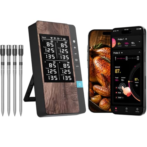 Image of Wireless Meat Thermometer Digital, 4 Probes Bluetooth Thermometer | Smart App & Standalone Display Base, NIST ±0.5F, Instant Read LCD, BBQ Smoker Grill Oven, Brisket Steak Turkey Pork