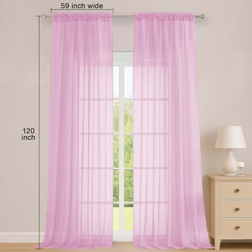 Image of OWENIE Pink Sheer Curtains 120 Inches Long 2 Panels Set, Airy Lightweight Sheer Pink Curtains for Living Room Bedroom, Farmhouse Voile Filmy Rod Pocket Curtains Drapes, 2 Pcs, Each 59 inch Wx120 L Inch