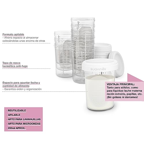 Suavinex, 10 Tarritos Almacenaje Leche Materna. Para Congelar, Almacenar y Transportar Leche Materna y Alimentos de Bebé. Sin BPA. Con Tapa de Rosca Hermética Anti-Fuga, Ideal para Líquidos, 200 ml - imagen 6