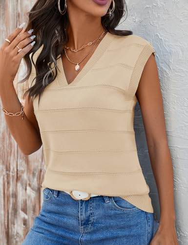 Image of AKEWEI Sweater Vest Women Sleeveless Knitted V Neck Cap Sleeve Pullover Tank Tops 2025 Summer Fall Fashion Causal Trendy