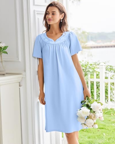 Image of Ekouaer Moo Moos for Women House Dress With Pockets Cotton Nightgowns Short Sleeve Night gowns Embroidered Mumu Dress
