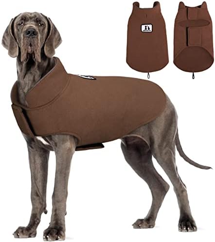 DENTRUN Windproof Winter Warm Fleece Medium Large Dog Coat Reversible Puppy Jacket Reflective Soft Pet Vest, Cold Weather Dog Sweater Apparel Leash Access Overcoat for Large Breeds, Brown, L
