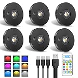 Ylatoial Schrankbeleuchtung USB Aufladbare RGB Katzenaugen LED Spot Akku mit Fernbedienung - 9 Farben, Dimmbar, Magnetisch, Timer, LED Unterbauleuchte Vitrinenbeleuchtung Regal Beleuchtung (6er Pack)