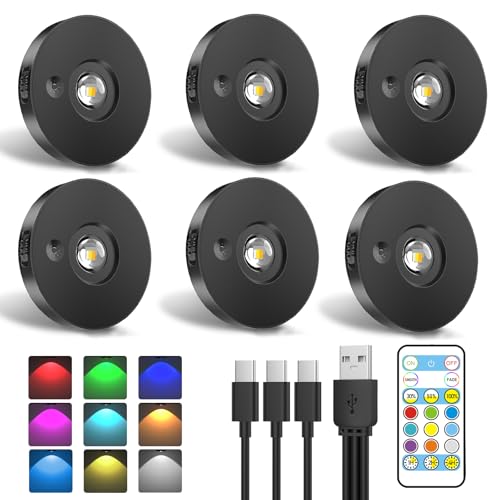 Ylatoial Schrankbeleuchtung USB Aufladbare RGB Katzenaugen LED Spot Akku mit Fernbedienung - 9 Farben, Dimmbar, Magnetisch, Timer, LED Unterbauleuchte Vitrinenbeleuchtung Regal Beleuchtung (6er Pack)