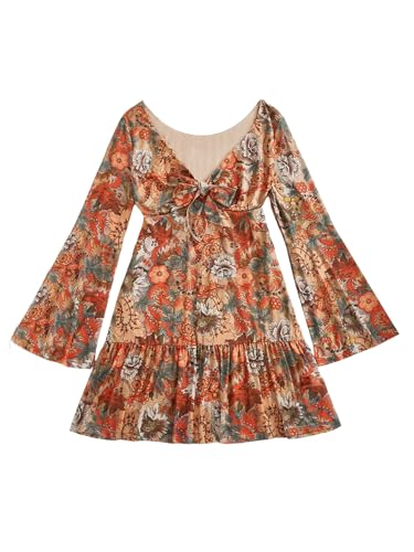 Verdusa Women's Plus Size Paisley Print Tie Short Dress Boho Bell Sleeve V Neck Ruffle Dresses Orange 3X-Large Plus