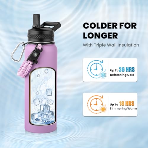 Image of RAYMYLO Insulated Water Bottle 40 oz, Triple Wall Vacuum Stainless Steel (Cold for 36Hrs, Hot for 18Hrs), Leak Proof & Non-BPA, Modern Water Flask Jug with Paracord Handle & Straw Spout Lids