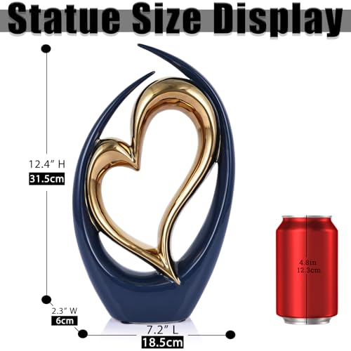Estatua decorativa de corazón de cerámica azul y oro miniatura 3