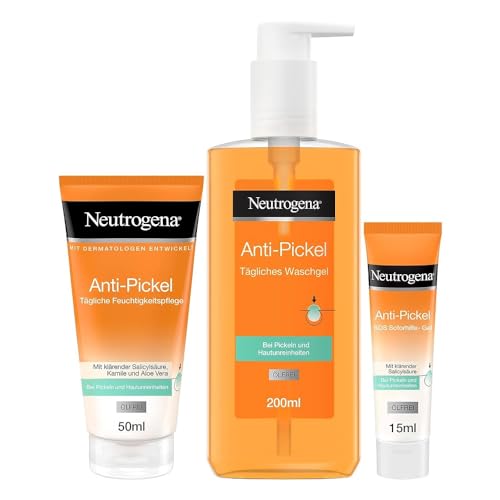Neutrogena Anti-Pickel Set mit Tägliches Waschgel (200 ml), Tägliche Feuchtigkeitspflege, ölfrei (50 ml) & SOS Soforthilfe-Gel (15 ml), das Anti-Unreinheiten & Gesichtspflege Set für Frauen