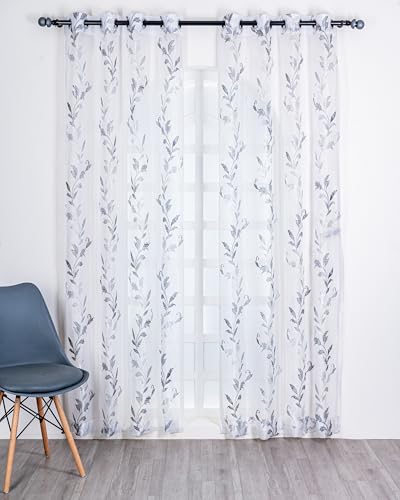 Image of (5 Ft Embroidered Tissue Curtain | Leaf Plant Design Grommet Curtains Window Curtain |Vintage Classical Floral Print | For Home | Grey & White (Pack Of 2) | 152 L X 121 W Centimeters