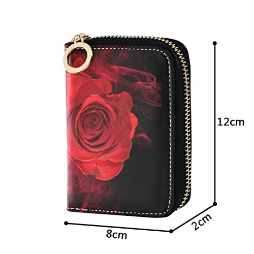 Red Rose Flower Wrapped in Red Smoke Swirl on Black Background Grey Credit Card Coin wallet, RFID Blocking Compact Women Leather Card Holder, Key Change Organizer, Zipper Purse Clutch Pouch4